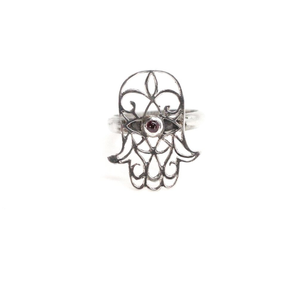 HAMSA SILVER RING : Elegant Silver Filigree Hamsa Ring with Garnet Gemstone